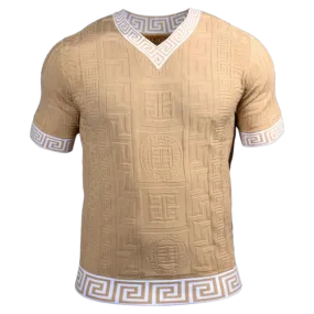 Prestige beige men's v-neck t-shirts greek key white trim around the Collar and Sleeves