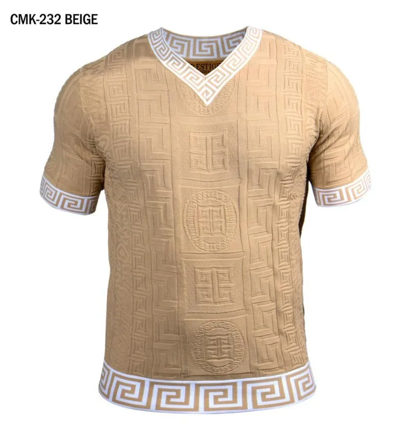 Prestige beige men's v-neck t-shirts greek key white trim around the Collar and Sleeves