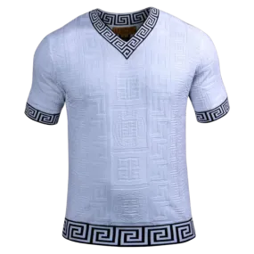 Prestige white men's v-neck t-shirts greek key trim around the Collar and Sleeve