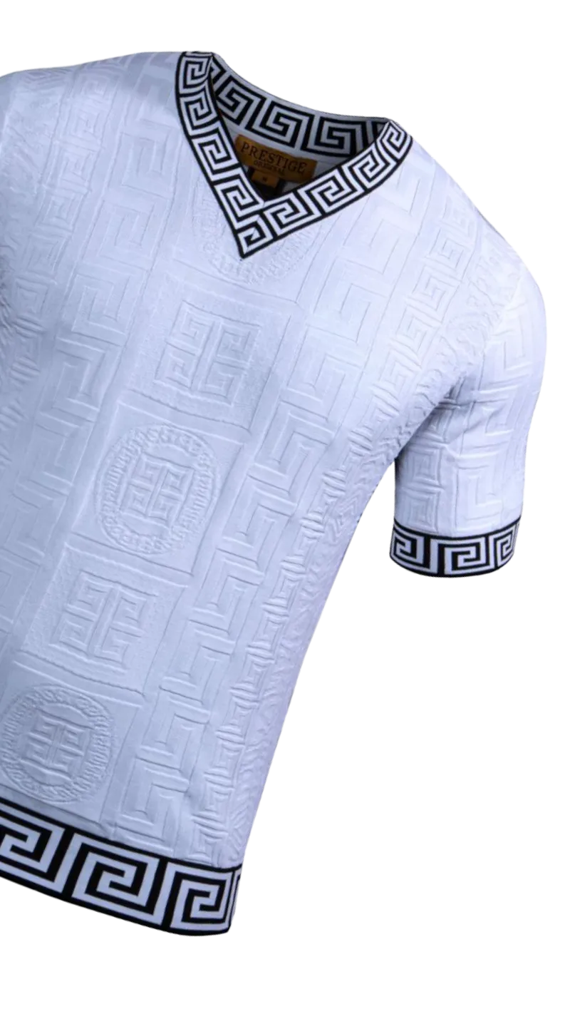 Prestige white men's v-neck t-shirts greek key trim around the Collar and Sleeve