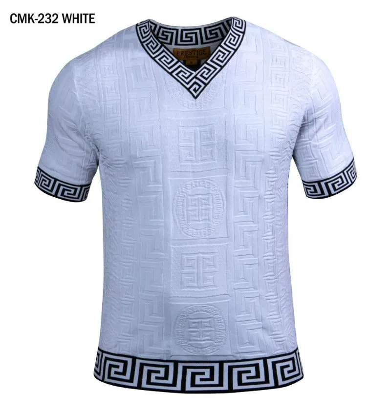 Prestige white men's v-neck t-shirts greek key trim around the Collar and Sleeve