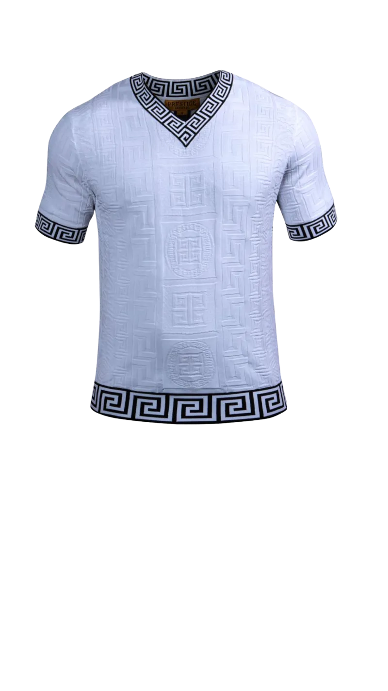 Prestige white men's v-neck t-shirts greek key trim around the Collar and Sleeve