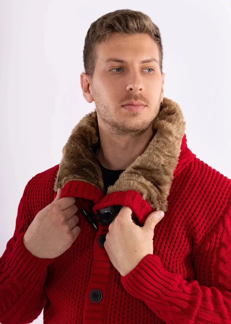 Red Men's Fashion Design Jacket Cardigan Sweaters with Fur