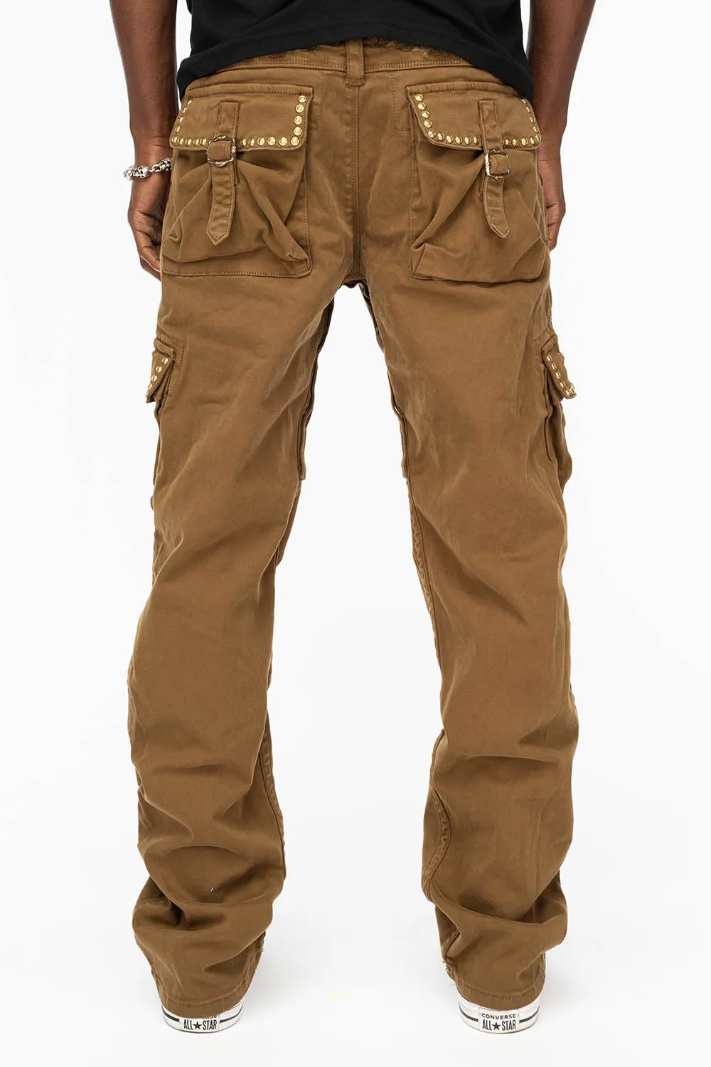 ROBINS NEW MILITARY STYLE CARGO PANTS IN KANGAROO COLOR WASH WITH NAILHEADS