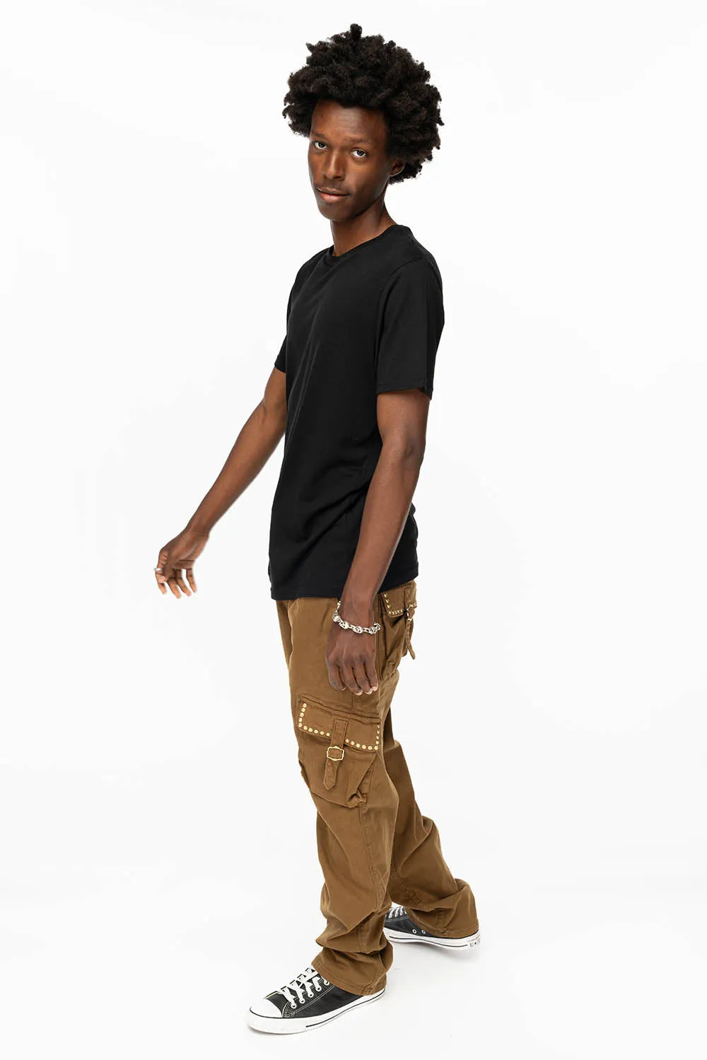 ROBINS NEW MILITARY STYLE CARGO PANTS IN KANGAROO COLOR WASH WITH NAILHEADS