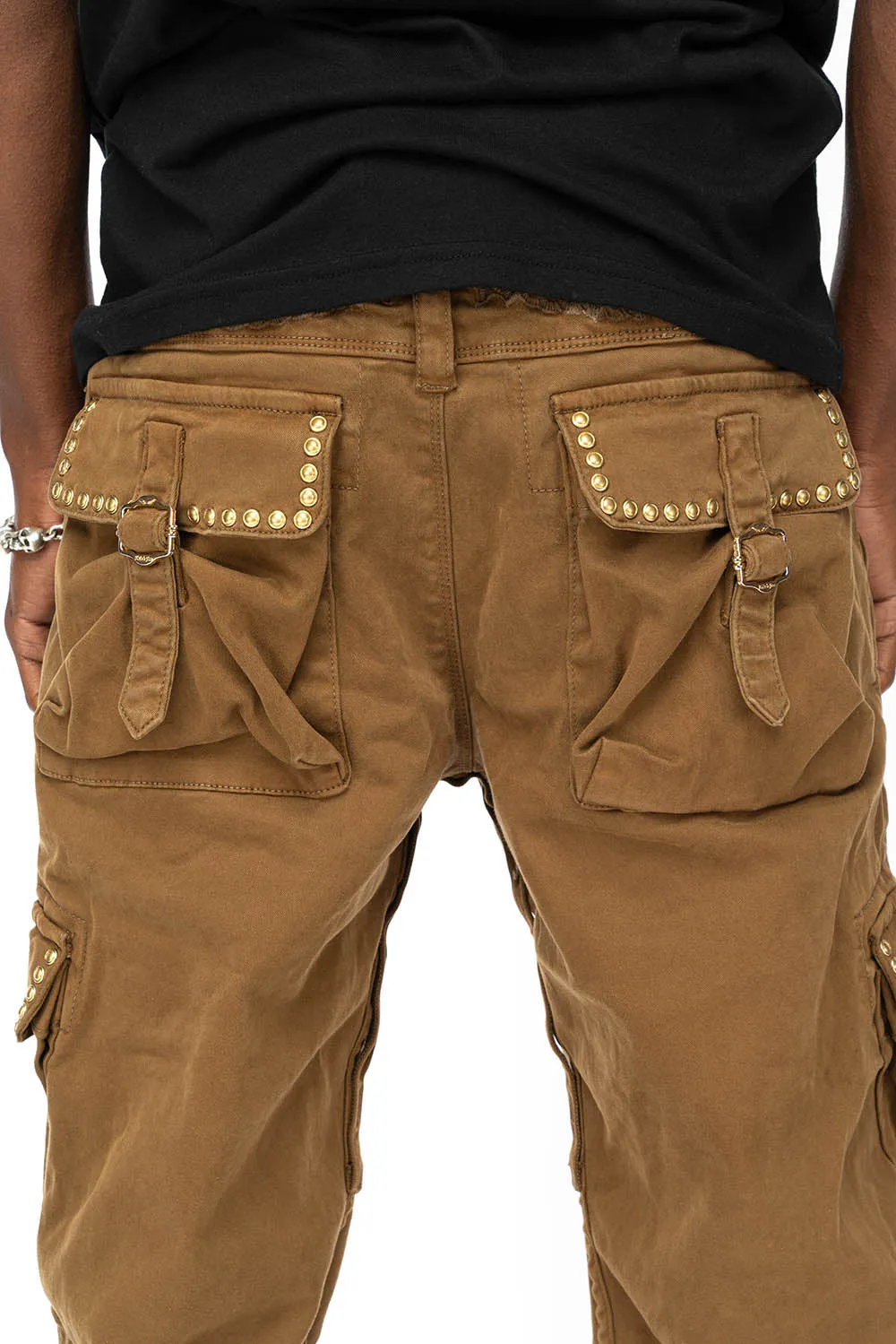 ROBINS NEW MILITARY STYLE CARGO PANTS IN KANGAROO COLOR WASH WITH NAILHEADS