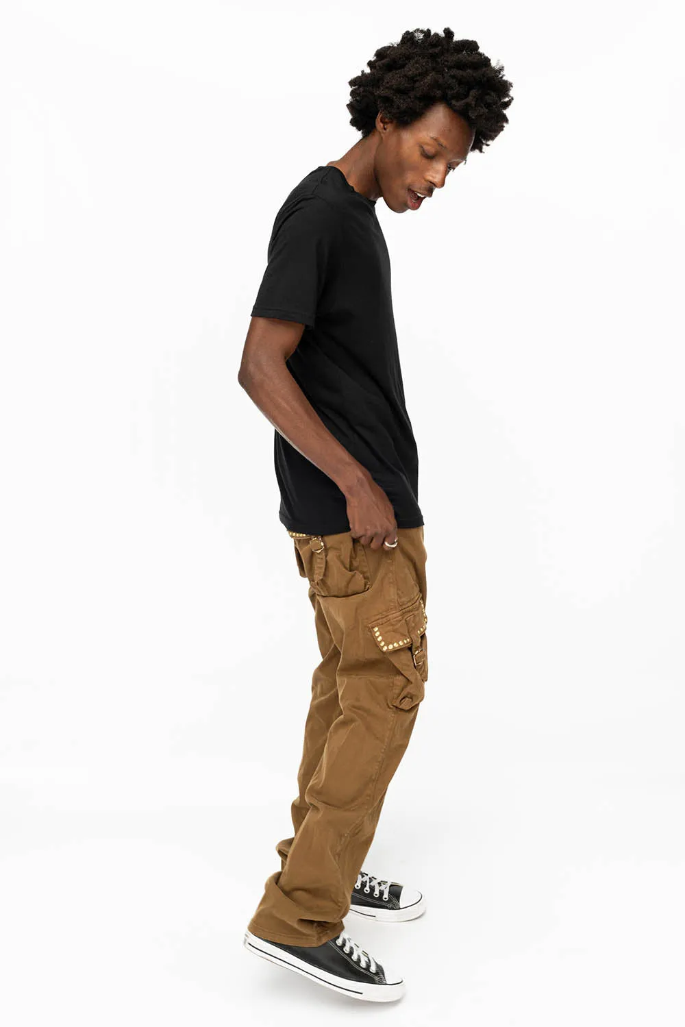 ROBINS NEW MILITARY STYLE CARGO PANTS IN KANGAROO COLOR WASH WITH NAILHEADS