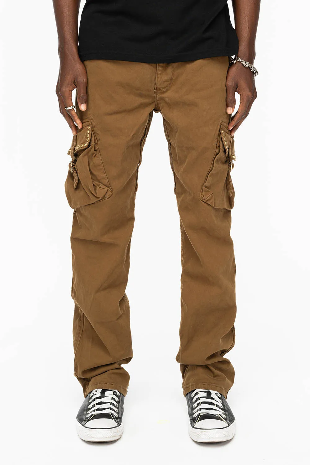 ROBINS NEW MILITARY STYLE CARGO PANTS IN KANGAROO COLOR WASH WITH NAILHEADS