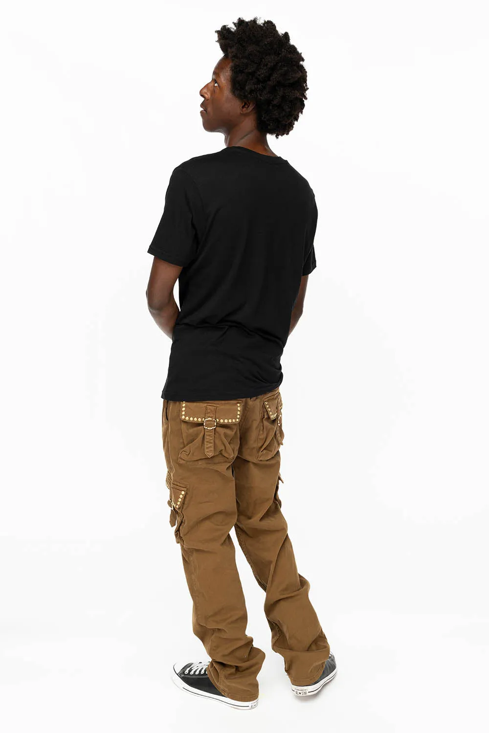 ROBINS NEW MILITARY STYLE CARGO PANTS IN KANGAROO COLOR WASH WITH NAILHEADS