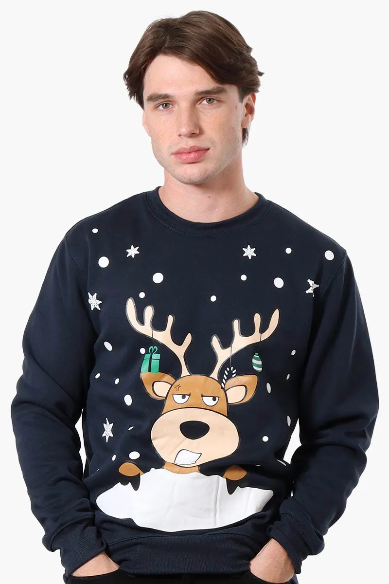 Ugly Christmas Sweater Reindeer Print Christmas Sweater - Navy