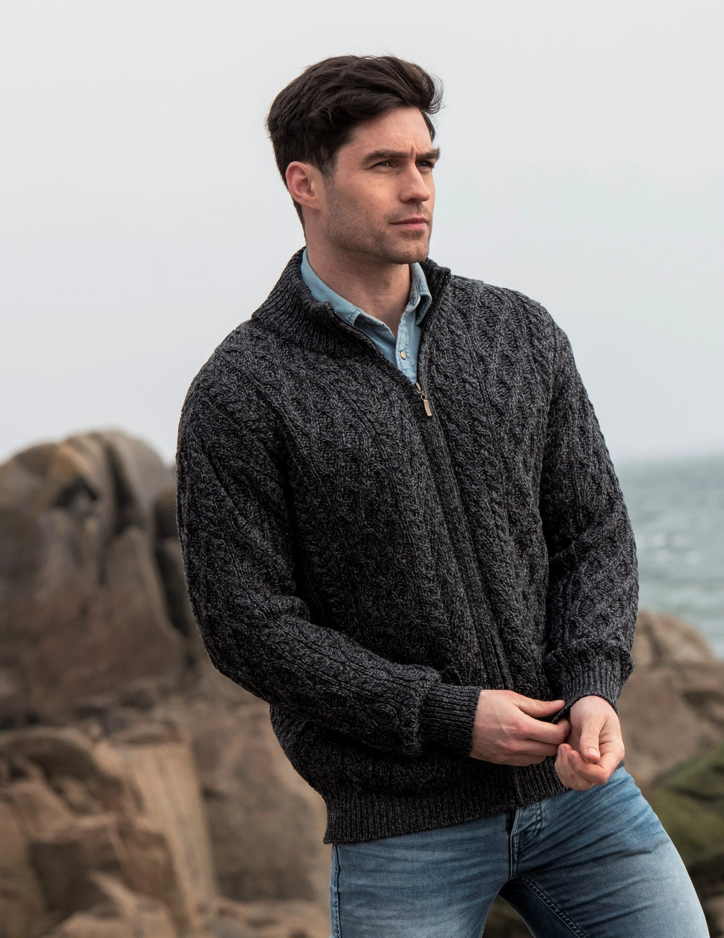 West End Knitwear | Diamond and Cable Zip Cardigan with Pockets | Men's