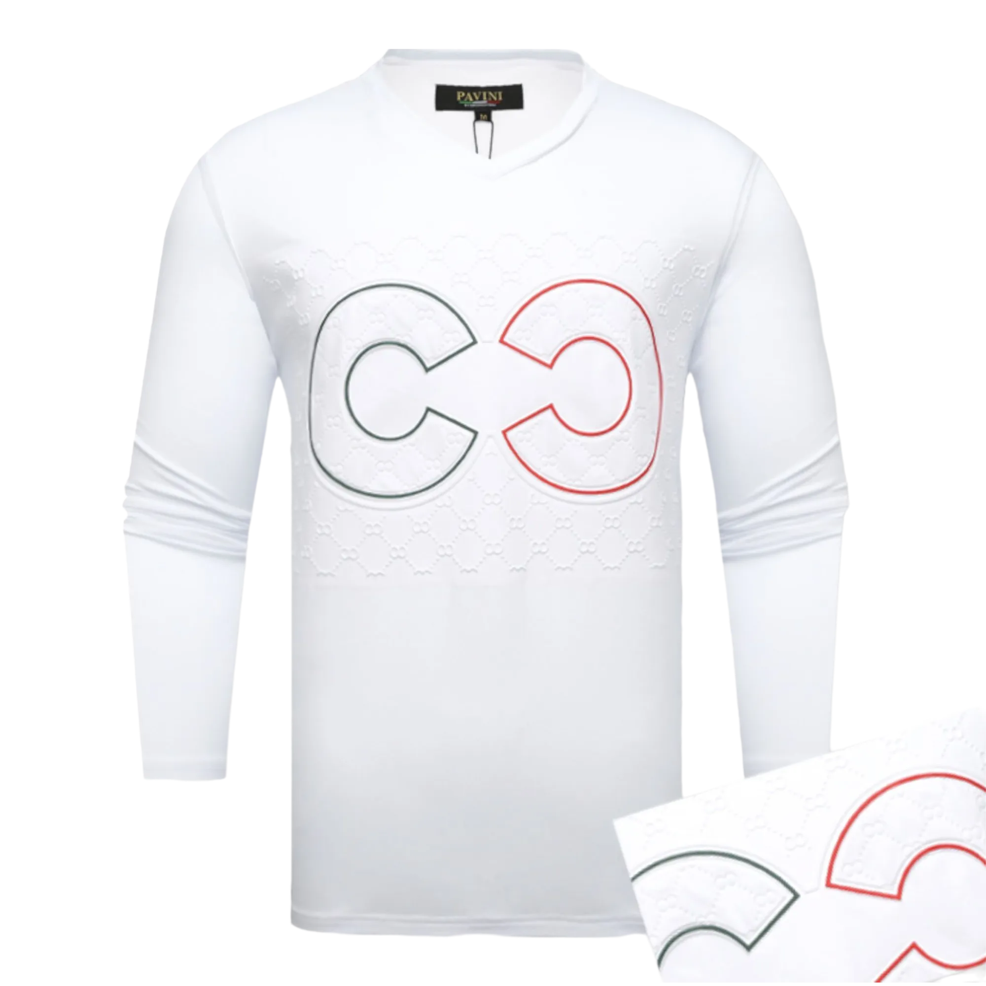 White Men's V-Neck Long Sleeves T-shirt Fashion Style