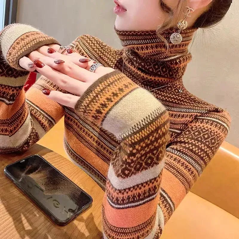 Women's Slim Fit Turtleneck Sweater – Long Sleeve Vintage-Style Elegant Pullover with Stretch